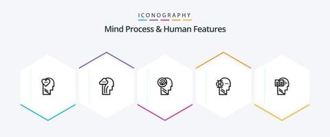 Mind Process And Human Features 25 Line icon pack including target. games. brain. head. human vector