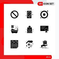 Universal Icon Symbols Group of 9 Modern Solid Glyphs of diploma shopping bag stop bag water Editable Vector Design Elements