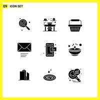 Mobile Interface Solid Glyph Set of 9 Pictograms of mobile chat cart sms message Editable Vector Design Elements