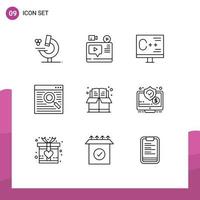 Stock Vector Icon Pack of 9 Line Signs and Symbols for book webpage coding online programming Editable Vector Design Elements