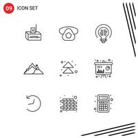 Group of 9 Modern Outlines Set for tree hill phone landscape bulb Editable Vector Design Elements