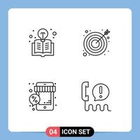 Mobile Interface Line Set of 4 Pictograms of book online light bulb target store Editable Vector Design Elements