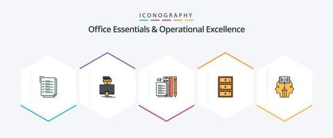 Office Essentials And Operational Exellence 25 FilledLine icon pack including mind. closet. stationary. cabinet. pin vector