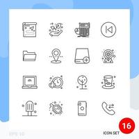 Group of 16 Modern Outlines Set for music arrows calculator arrow left graph Editable Vector Design Elements