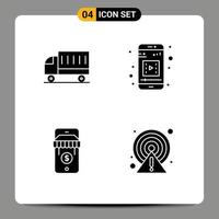 Mobile Interface Solid Glyph Set of 4 Pictograms of car shop transport mobile media alert Editable Vector Design Elements