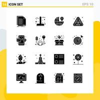 Group of 16 Modern Solid Glyphs Set for city waste garden pollution pin Editable Vector Design Elements