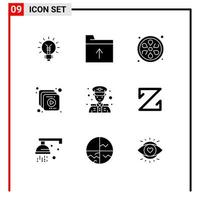 Universal Icon Symbols Group of 9 Modern Solid Glyphs of police security police get video collection Editable Vector Design Elements