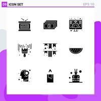 Set of 9 Commercial Solid Glyphs pack for paper festival growth hobby color Editable Vector Design Elements