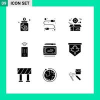 Mobile Interface Solid Glyph Set of 9 Pictograms of art remote usb control delivery Editable Vector Design Elements