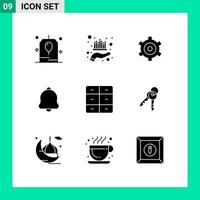 Set of 9 Vector Solid Glyphs on Grid for decor sound wealth notification alert Editable Vector Design Elements