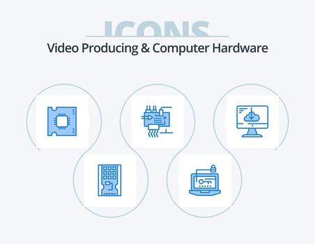 Video Producing And Computer Hardware Blue Icon Pack 5 Icon Design. engineering. customize. key. assemble. processor vector