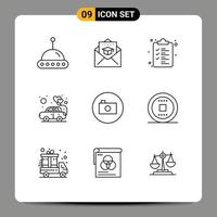 9 User Interface Outline Pack of modern Signs and Symbols of multimedia media list camera love Editable Vector Design Elements