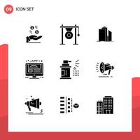 Pack of 9 Modern Solid Glyphs Signs and Symbols for Web Print Media such as web page real estate music office buildings Editable Vector Design Elements