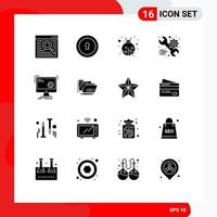 16 Universal Solid Glyphs Set for Web and Mobile Applications process computer lady bug command web Editable Vector Design Elements