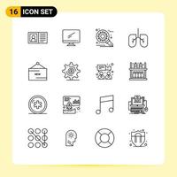 Set of 16 Modern UI Icons Symbols Signs for line lungs imac anatomy optimization Editable Vector Design Elements