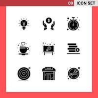 Set of 9 Vector Solid Glyphs on Grid for tea cup money coffee timer Editable Vector Design Elements