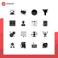 Group of 16 Modern Solid Glyphs Set for library tool pigment funnel skin protection Editable Vector Design Elements