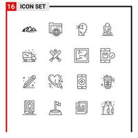 Pack of 16 Modern Outlines Signs and Symbols for Web Print Media such as car training globe meditation thinking Editable Vector Design Elements