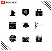 Pack of 9 Modern Solid Glyphs Signs and Symbols for Web Print Media such as sun storm bag website analytics Editable Vector Design Elements