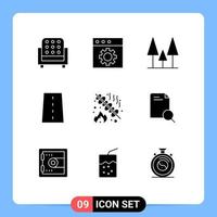 Pack of 9 Modern Solid Glyphs Signs and Symbols for Web Print Media such as grill barbeque nature road lines Editable Vector Design Elements