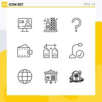 Group of 9 Modern Outlines Set for diving wallet help man accessories Editable Vector Design Elements