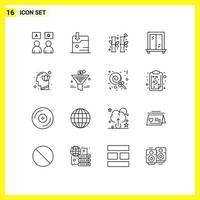 Pack of 16 Modern Outlines Signs and Symbols for Web Print Media such as lotus head china harmony window Editable Vector Design Elements