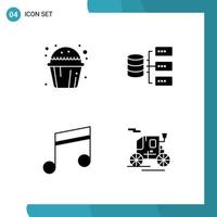 Pack of 4 Modern Solid Glyphs Signs and Symbols for Web Print Media such as cake media muffin sweet base song Editable Vector Design Elements