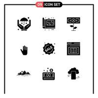 Mobile Interface Solid Glyph Set of 9 Pictograms of label interface dollar hand body language Editable Vector Design Elements