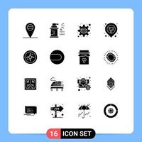 Group of 16 Solid Glyphs Signs and Symbols for match location startup compass map pin Editable Vector Design Elements