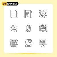 Pack of 9 Modern Outlines Signs and Symbols for Web Print Media such as palm gesture broken zoom magnifier Editable Vector Design Elements