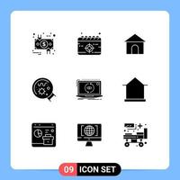 Set of 9 Vector Solid Glyphs on Grid for app magnifier target laboratory shope Editable Vector Design Elements