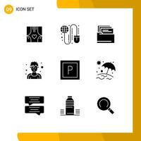 Modern Set of 9 Solid Glyphs Pictograph of parking man mouse exerciser document Editable Vector Design Elements