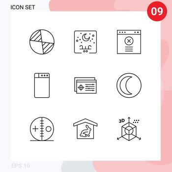 9 Universal Outlines Set for Web and Mobile Applications moon target block controller washing Editable Vector Design Elements