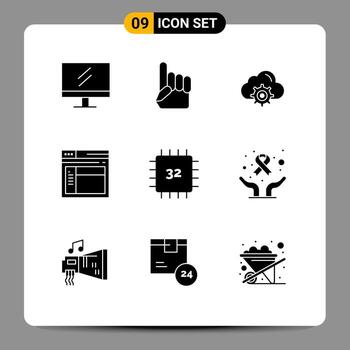 9 Thematic Vector Solid Glyphs and Editable Symbols of devices chip setting website page Editable Vector Design Elements
