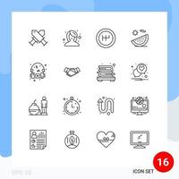 16 Universal Outlines Set for Web and Mobile Applications headphone hobbies gearshift vacation fruit Editable Vector Design Elements