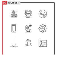 User Interface Pack of 9 Basic Outlines of target android smile mobile phone Editable Vector Design Elements