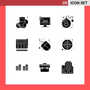 9 User Interface Solid Glyph Pack of modern Signs and Symbols of print blueprint diagram play danger Editable Vector Design Elements