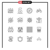 Universal Icon Symbols Group of 16 Modern Outlines of space alien orientation settings cogwheel Editable Vector Design Elements