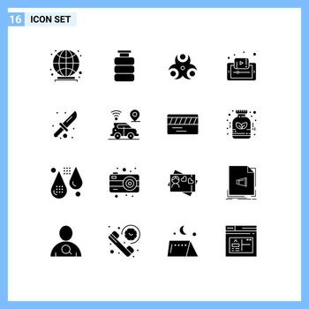 dieciséis universal sólido glifo señales símbolos de tutoriales móvil peligro aprendizaje documento editable vector diseño elementos