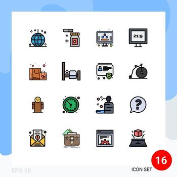 16 Universal Flat Color Filled Lines Set for Web and Mobile Applications shopping bag business tv aspect ratio Editable Creative Vector Design Elements