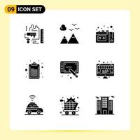 Set of 9 Vector Solid Glyphs on Grid for tablet design travel note checklist Editable Vector Design Elements