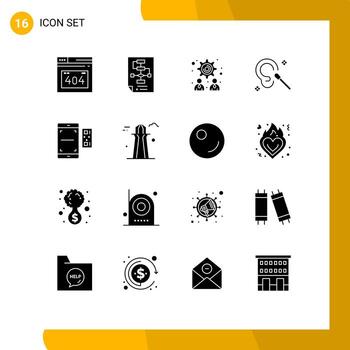 móvil interfaz sólido glifo conjunto de dieciséis pictogramas de escanear código administración limpiar oído editable vector diseño elementos