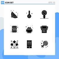 Group of 9 Solid Glyphs Signs and Symbols for bowl memory card vacation card laboratory Editable Vector Design Elements