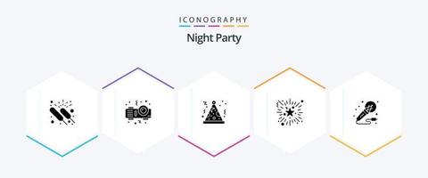 Night Party 25 Glyph icon pack including music. mic. hat. night party. firework vector