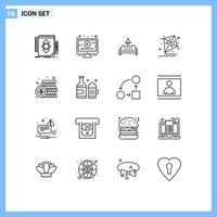 16 Universal Outlines Set for Web and Mobile Applications dollar coin sofa hobby kite Editable Vector Design Elements