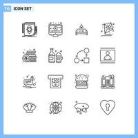 16 Universal Outlines Set for Web and Mobile Applications dollar coin sofa hobby kite Editable Vector Design Elements