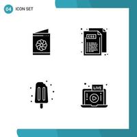 Pack of 4 creative Solid Glyphs of business card ice cream identification card web sweet Editable Vector Design Elements