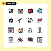 Mobile Interface Flat Color Filled Line Set of 16 Pictograms of camera web bar earth globe Editable Creative Vector Design Elements