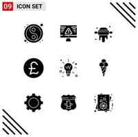 Modern Set of 9 Solid Glyphs Pictograph of idea bulb gdpr money pound sterling Editable Vector Design Elements