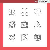 Mobile Interface Outline Set of 9 Pictograms of tv antenna tv like watch setting Editable Vector Design Elements